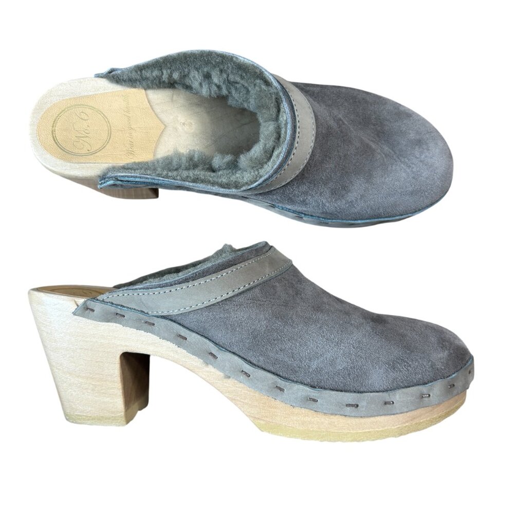 No.6 Dakota Shearling Clog smoke suede cloud gray 42 mid heel sheepskin wood 10